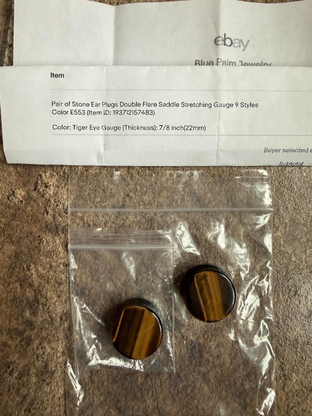 Pair Stone Earring Plugs Double Flare Stretching Gauge 7/8 inch Tiger Eye 22mm
